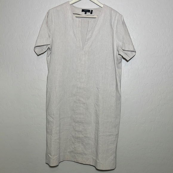 Theory Tan V-Neck Linen Dress sz L - Picture 1 of 4
